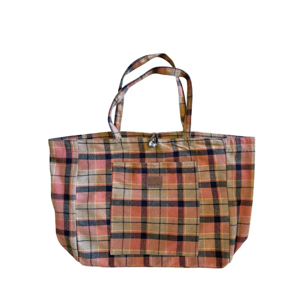 Maurices Fall Plaid Flannel Tote Bag Large Striped Button Closure Farmers Market